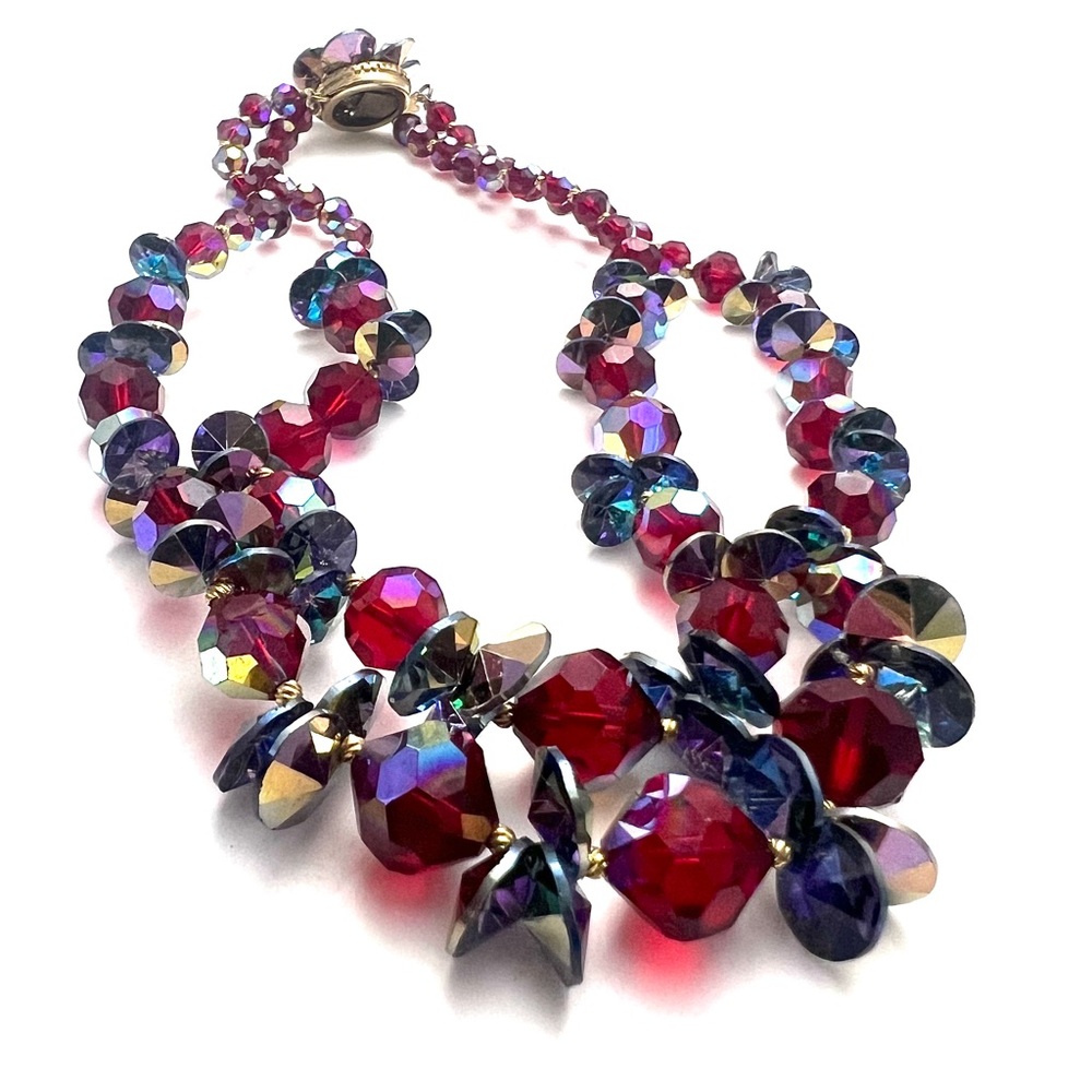 Ruby Red Faceted Glass Crystal Beaded Vintage Multi Strand Retro Necklace